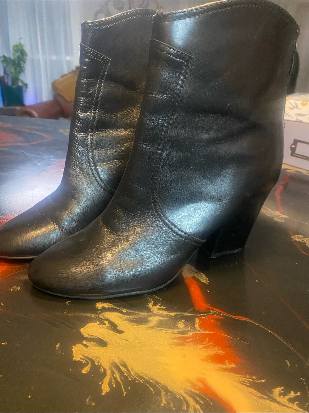 Nine West Black Leather Chunk Heel Ankle Boots